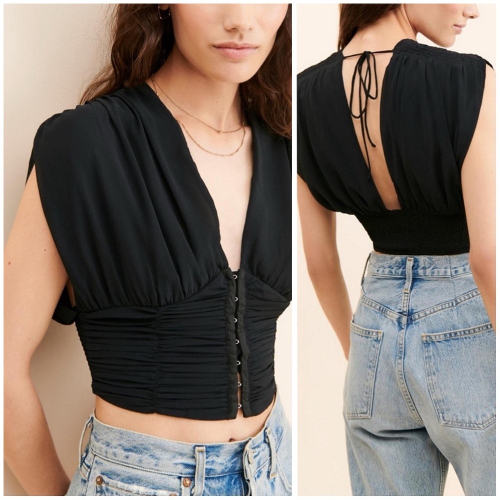 Free People Corset Top Black Ruched Cropped Cutout Back XS